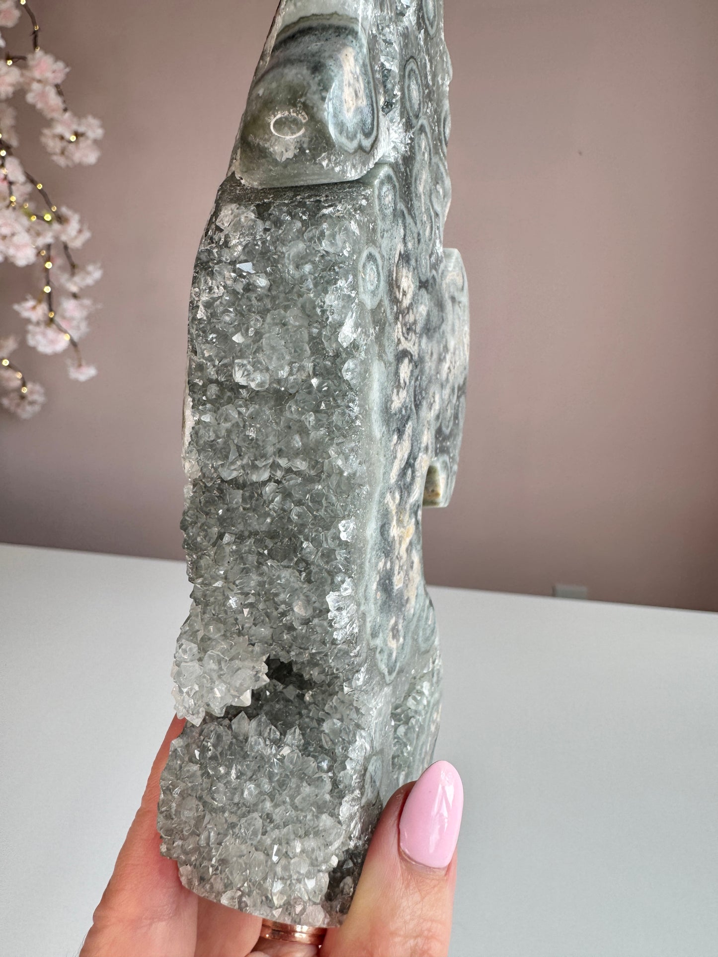 Green Amethyst Druzy Seahorse with Natural Stalactites