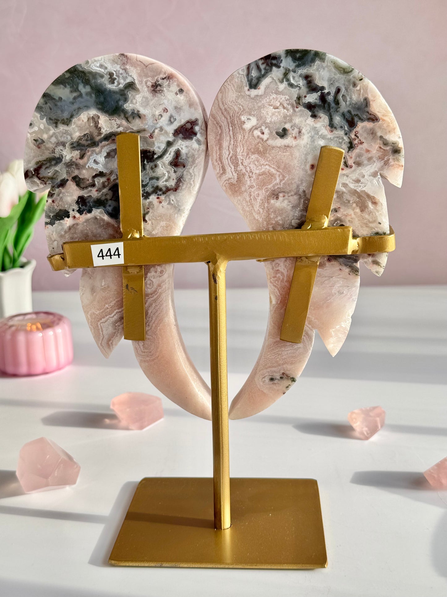 Pink Amethyst Angel Wings on Custom Gold Stand | One-of-a-Kind Brazilian Crystal Décor