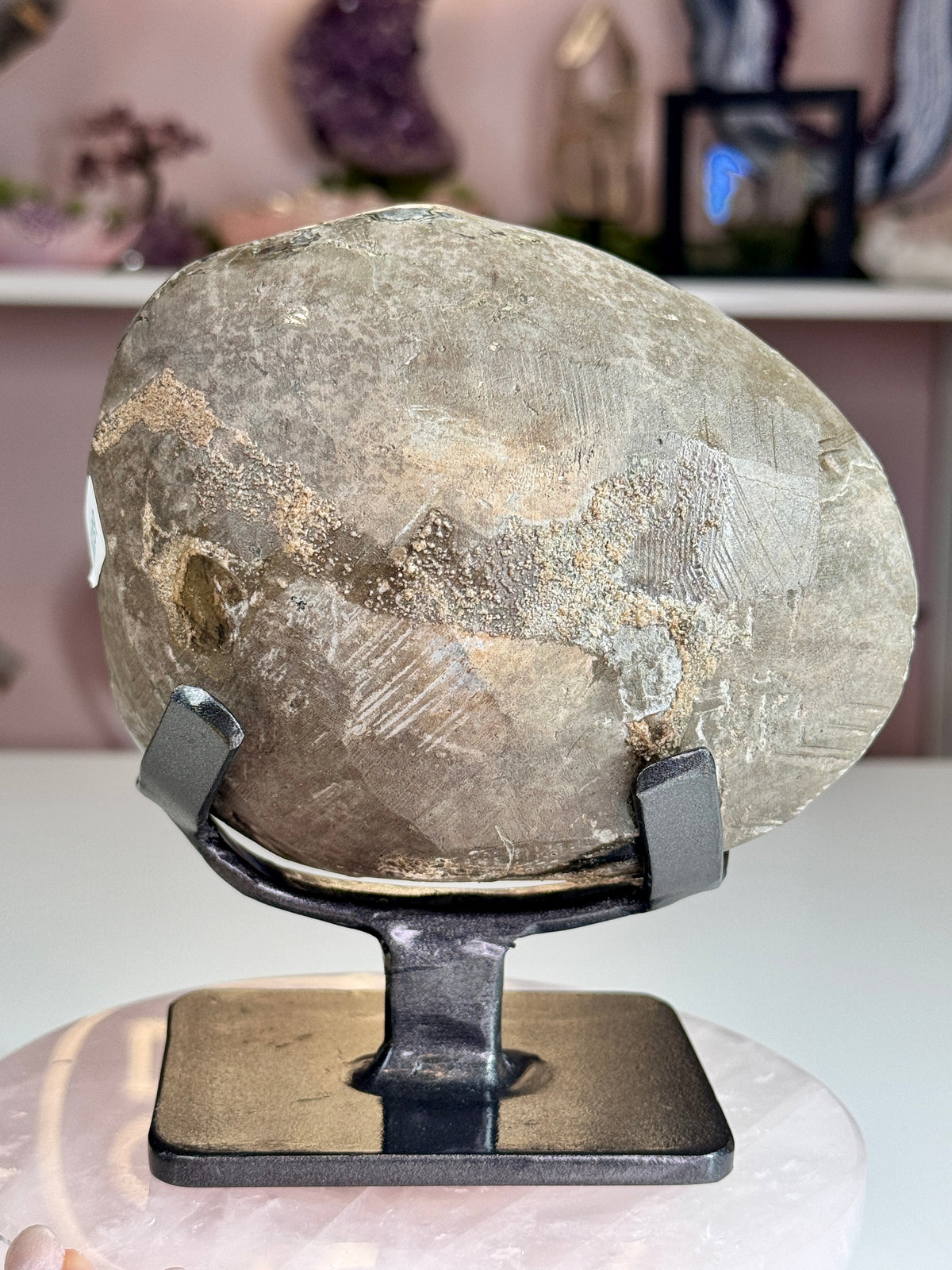 Beautiful Uruguay Amethyst Geode with White Calcite on Custom Stand