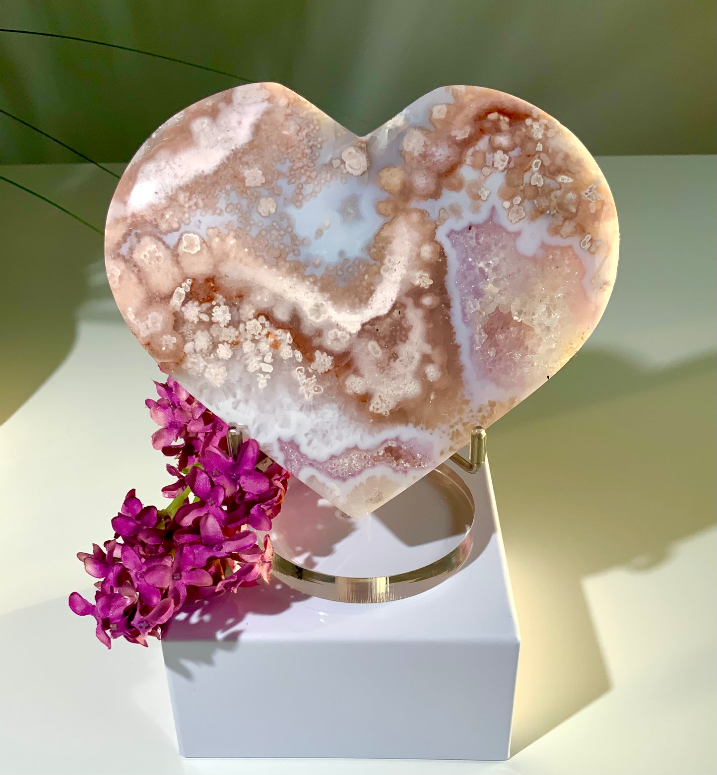 Flower Agate Heart with Druzy and stand