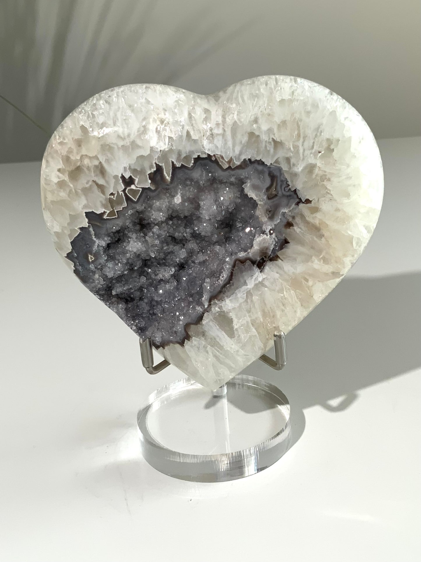 One-of-a-Kind Agate Heart with Silver Druzy Center on Stand