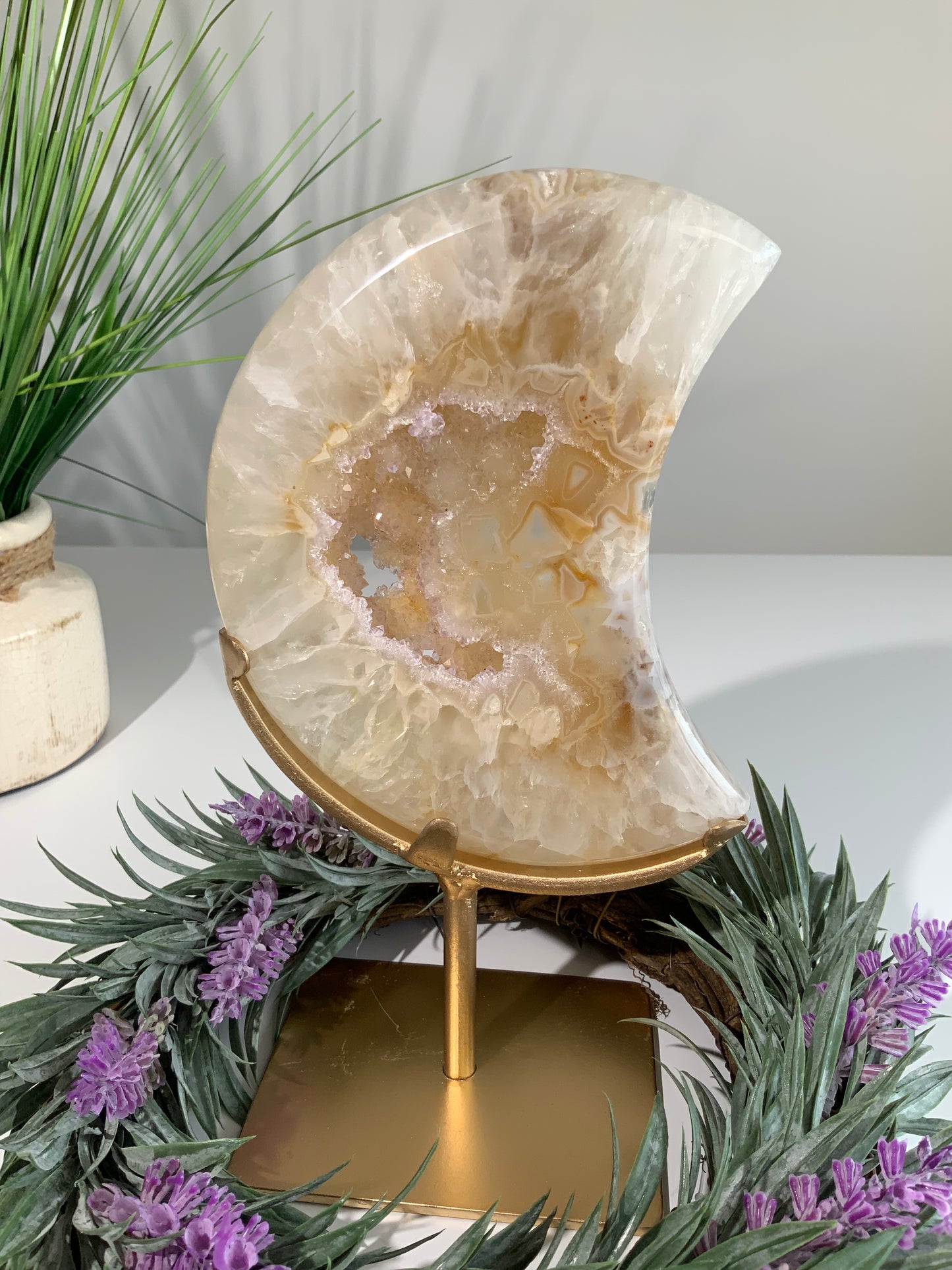 Beautiful Agate Druzy Moon on Gold Stand – Statement Crystal Décor