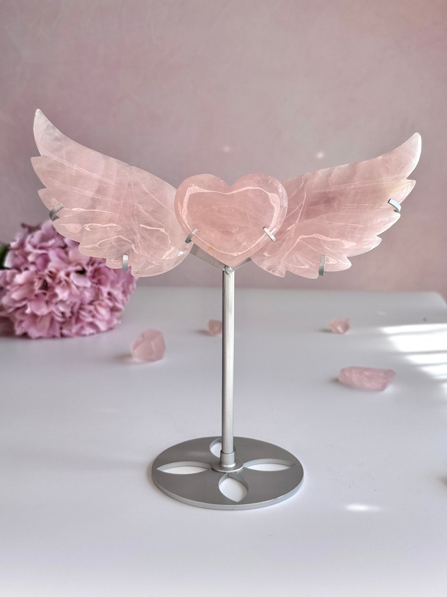Rose Quartz Angel Wings with Heart on Stand