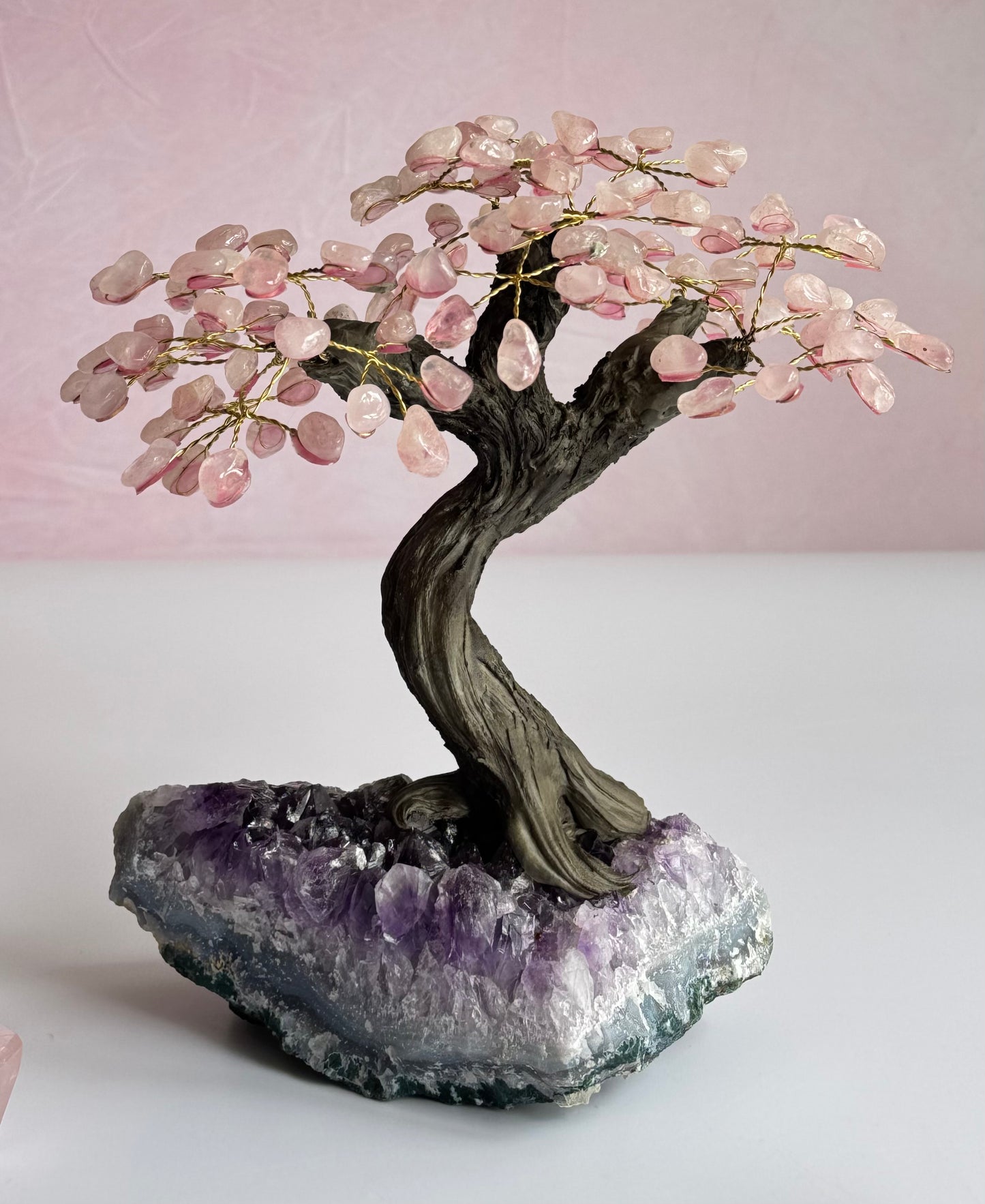 Rose Quartz Bonsai Tree on Amethyst Base