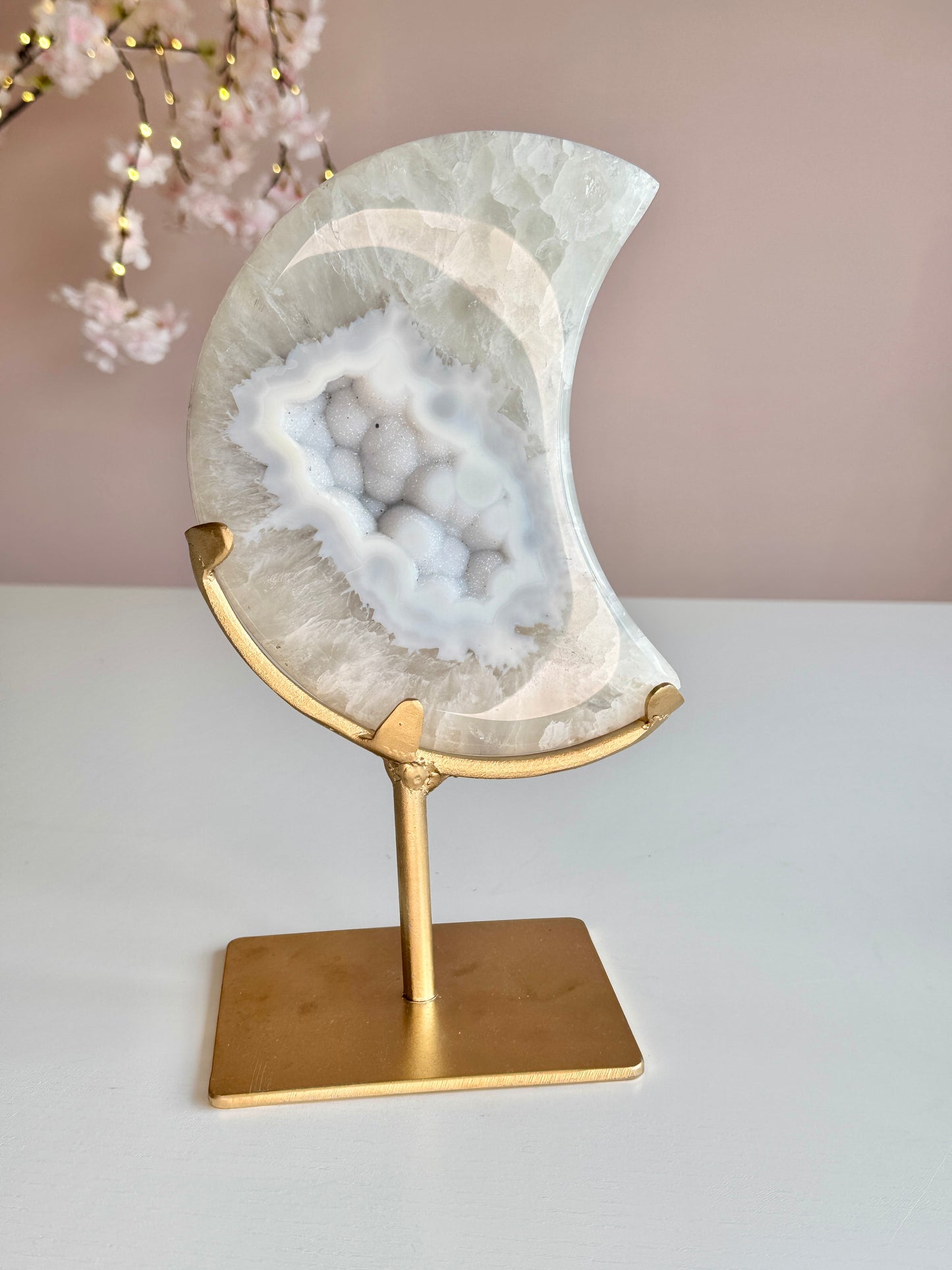 Beautiful Blue Sugar Druzy Agate Crescent Moon on Custom Gold Stand