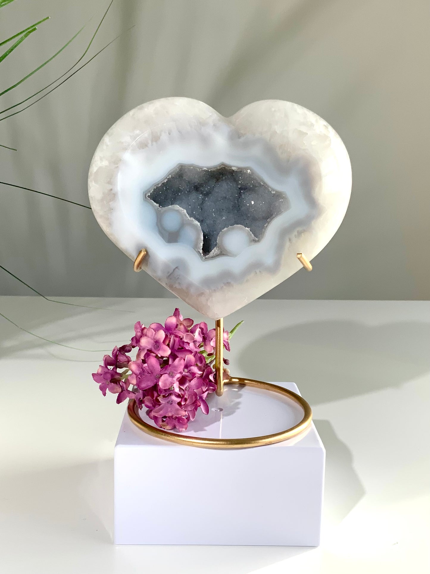 Beautiful Pale Blue Sugar Druzy Agate Heart on Custom Gold Stand