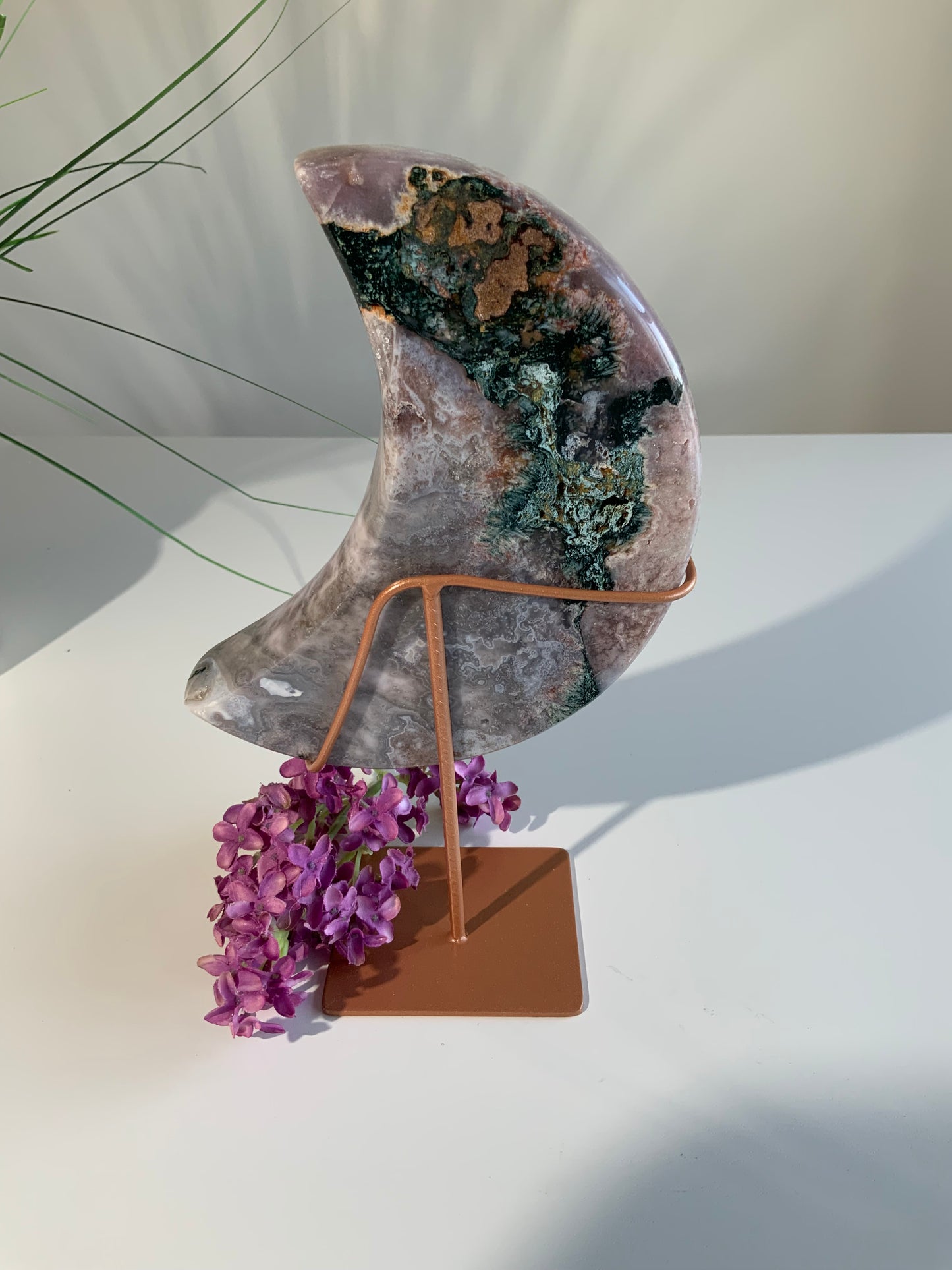 Lavender Pink Amethyst Moon on Stand — Soft, Ethereal Statement Piece