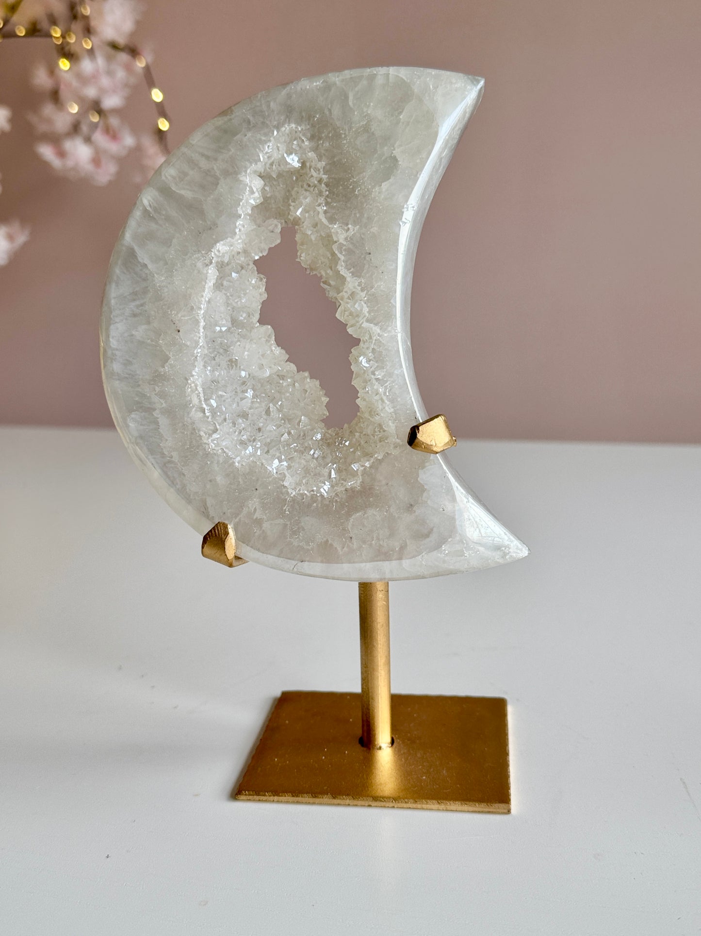 Beautiful Aura Druzy Crescent Moon on Gold Stand
