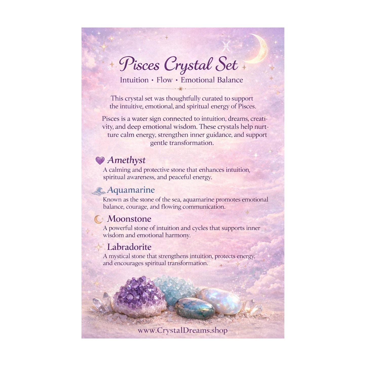 Pisces Crystal Set | Amethyst, Aquamarine, Moonstone & Labradorite | Zodiac Crystal Gift Set