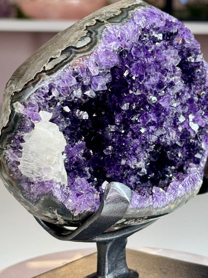 Beautiful Uruguay Amethyst Geode with White Calcite on Custom Stand