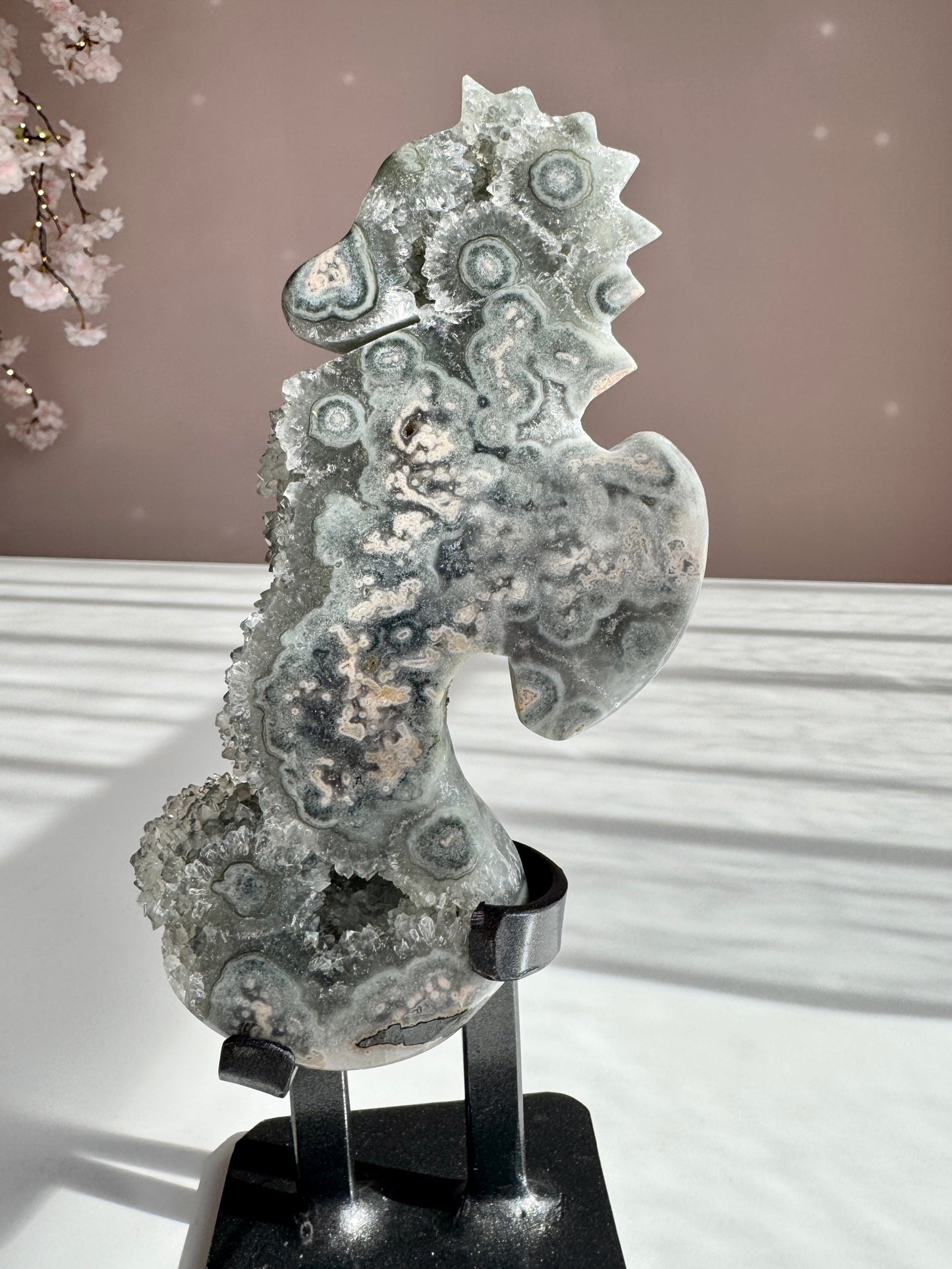 Green Amethyst Druzy Seahorse with Natural Stalactites