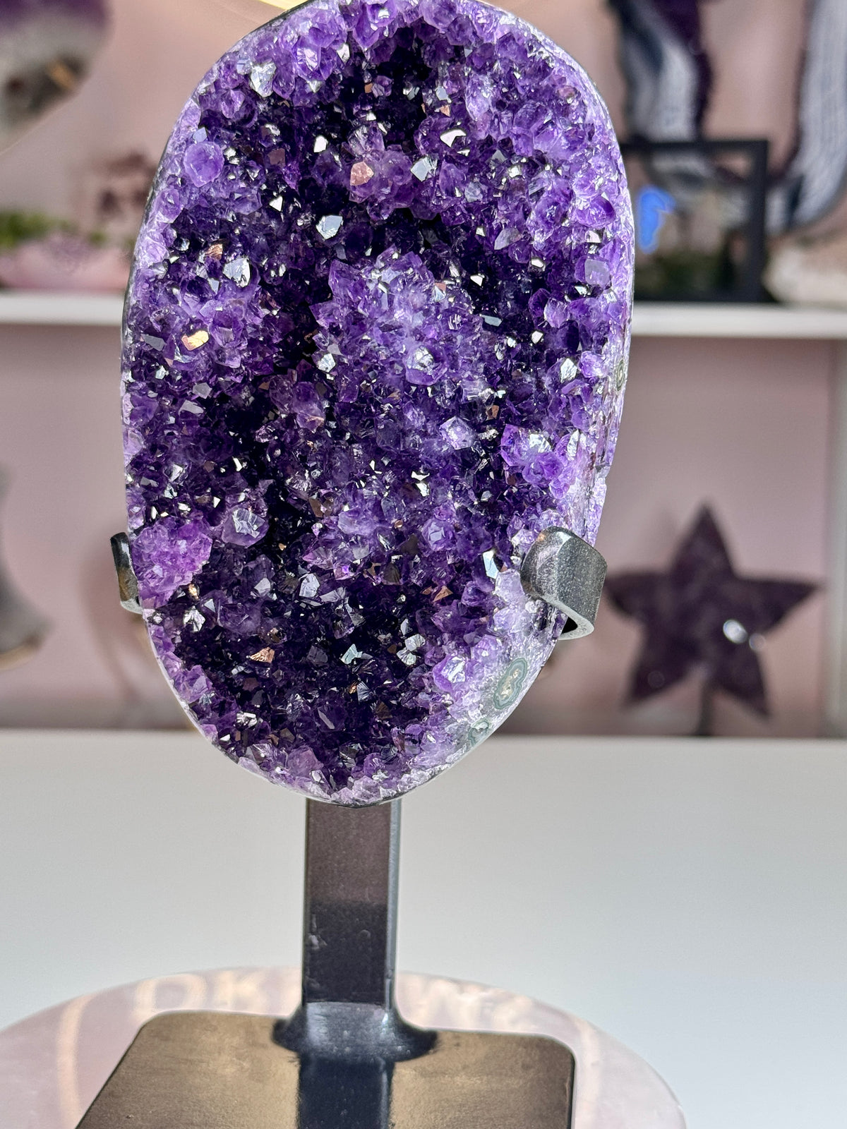 Deep Grape Jelly Uruguay Amethyst Geode with Flower-Like Crystal Formations | Custom Stand