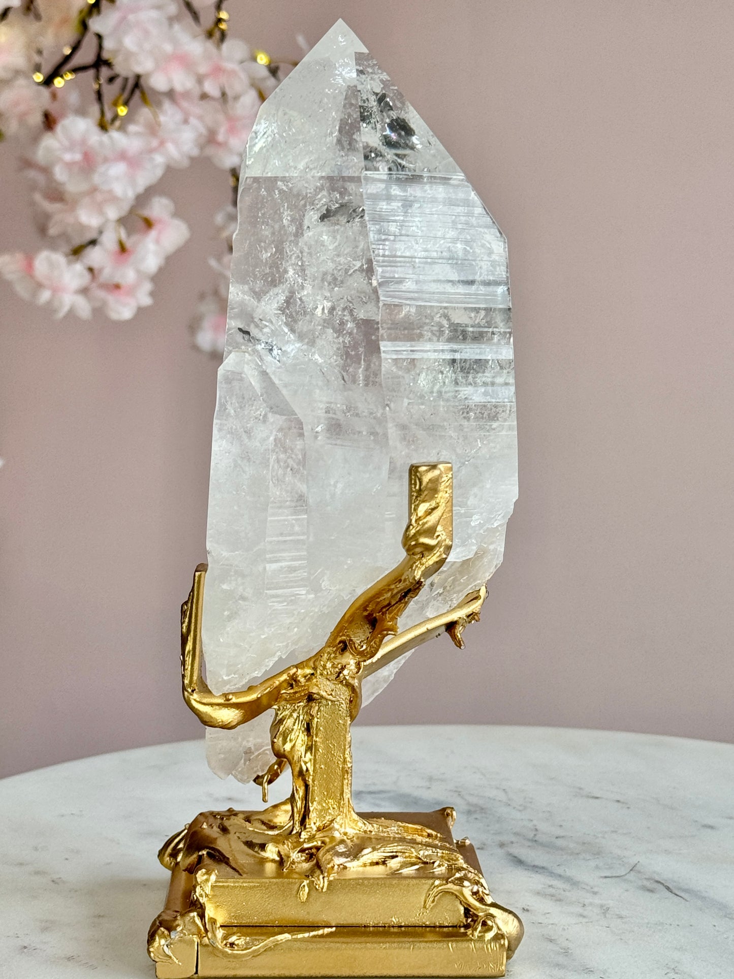 Lemurian Quartz Statement on Sculptural Gold Stand