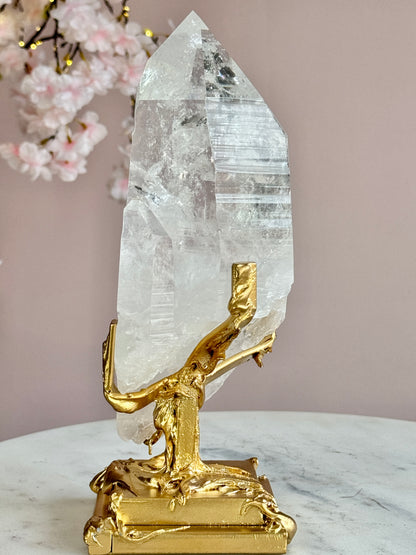 Lemurian Quartz Statement on Sculptural Gold Stand