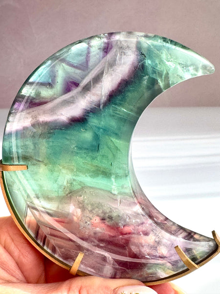 Dreamy Fluorite Moon on Custom Stand | Green & Purple Fluorite Crescent Moon