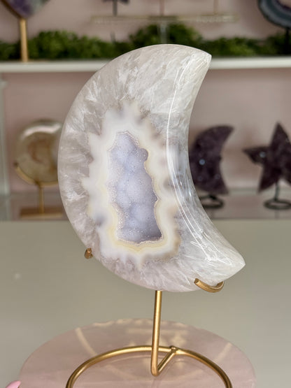 Beautiful Agate Crescent Moon with Lavender Druzy Center on Gold Stand
