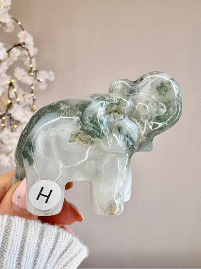 Hand Carved Moss Agate Elephant | Crystal Figurine | Choose Your Piece (A–K)