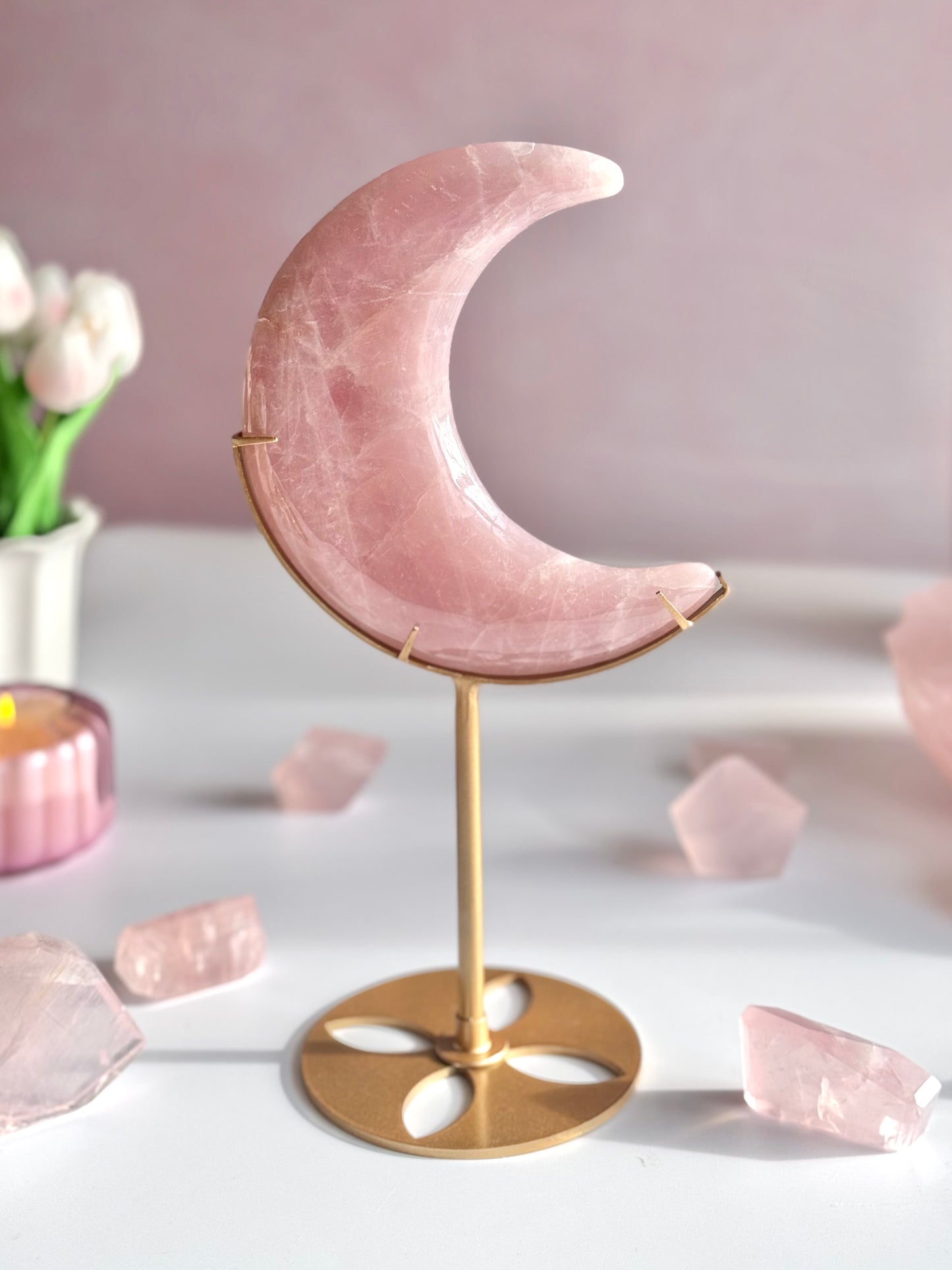 🌙💗 Bubblegum Pink Rose Quartz Moon on Stand-A