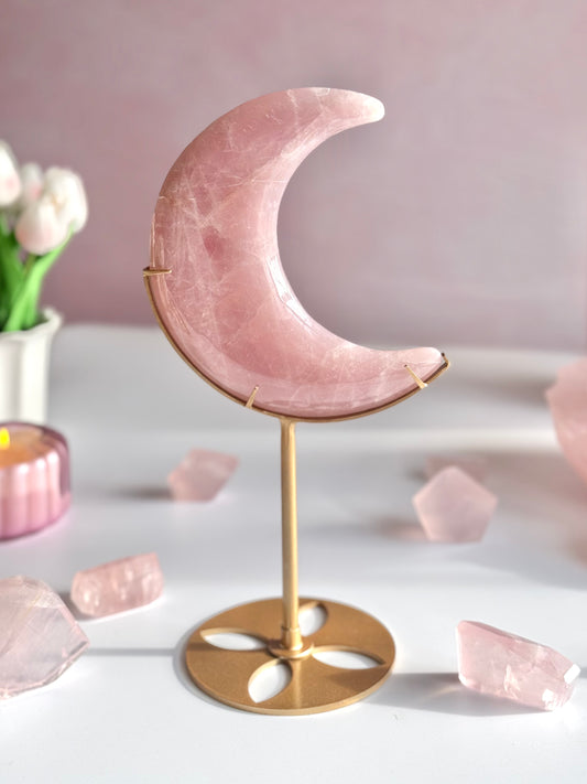 🌙💗 Bubblegum Pink Rose Quartz Moon on Stand-A