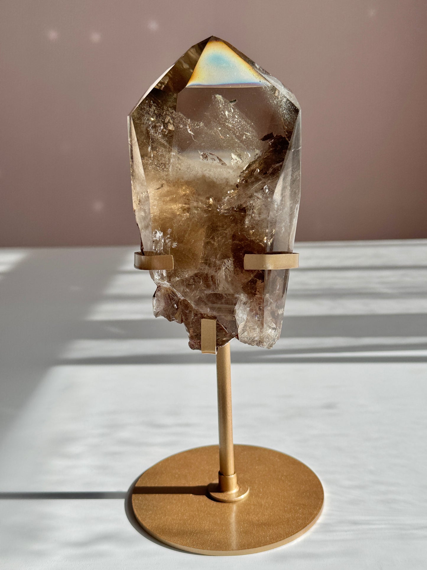 Rare Double Phantom Smoky Quartz Point with Rainbow on Gold Stand
