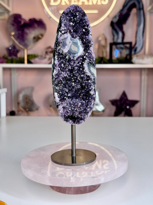 Uruguay Amethyst on Stand | Deep Purple Druzy with Agate Eyes