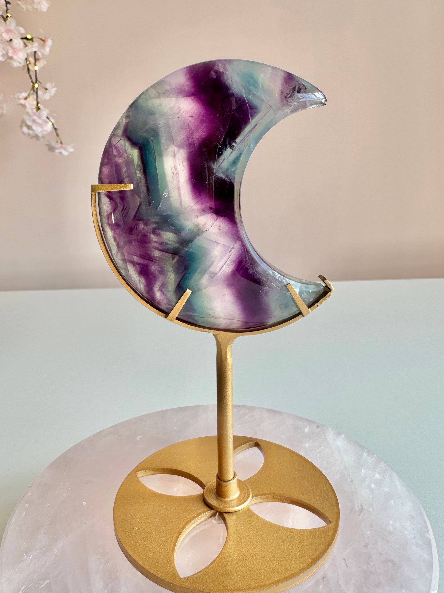 Rainbow Fluorite Moon on Gold Stand-0