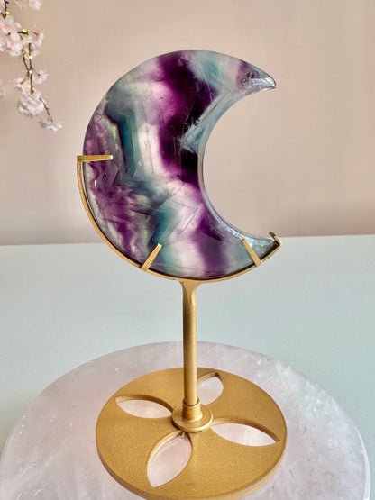Rainbow Fluorite Moon on Gold Stand-0