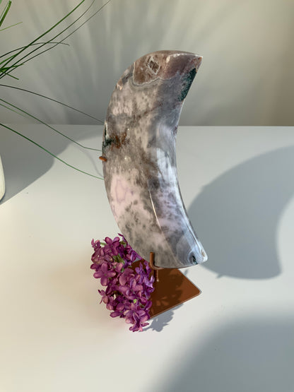 Lavender Pink Amethyst Moon on Stand — Soft, Ethereal Statement Piece
