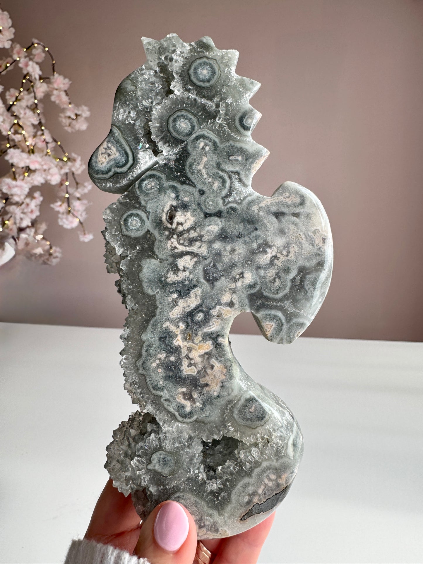 Green Amethyst Druzy Seahorse with Natural Stalactites