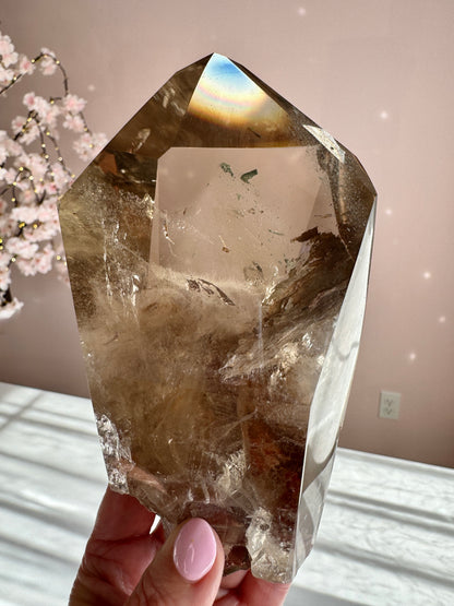 Rare Double Phantom Smoky Quartz Point with Rainbow on Gold Stand