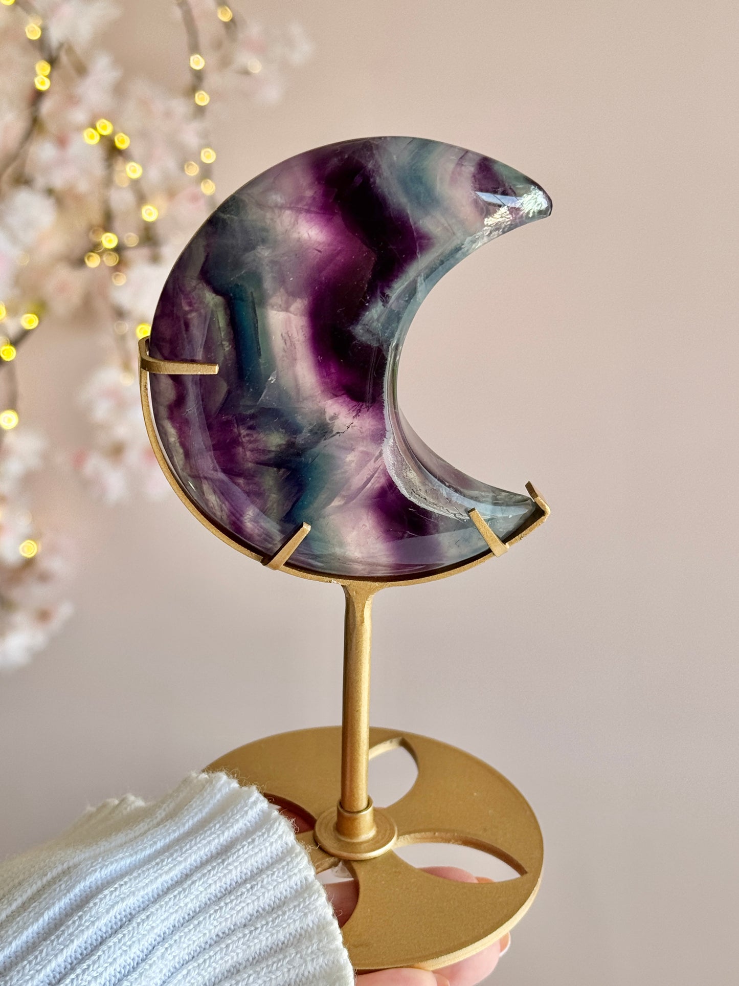 Rainbow Fluorite Moon on Gold Stand-0