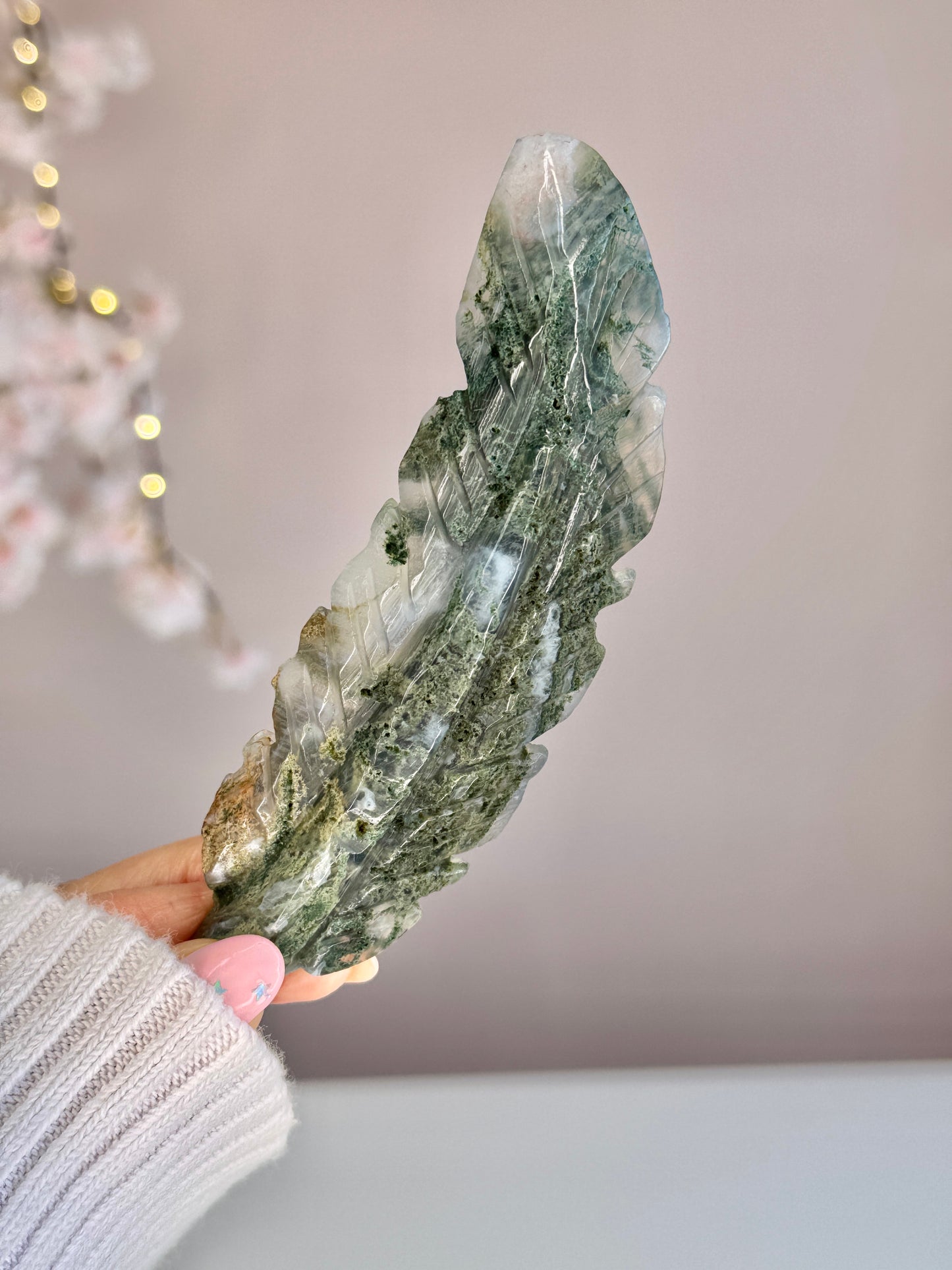 Hand Carved Crystal Feather | Natural Crystal Feather Carving | Rose Quartz, Sodalite, Moss Agate, Golden Healer
