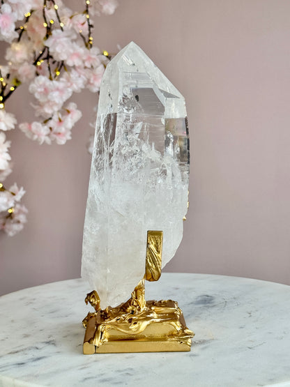 Lemurian Quartz Statement on Sculptural Gold Stand
