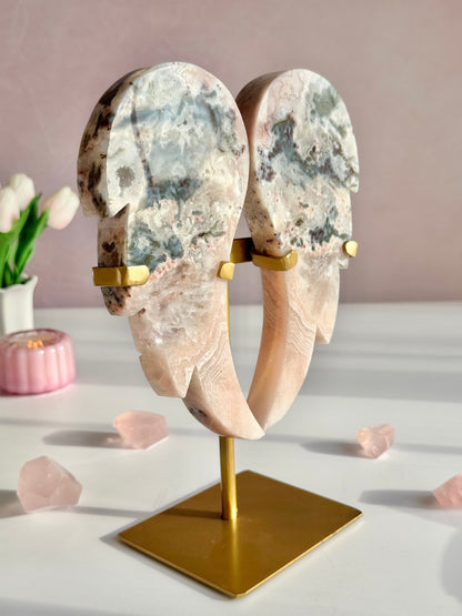 Pink Amethyst Angel Wings on Custom Gold Stand | One-of-a-Kind Brazilian Crystal Décor