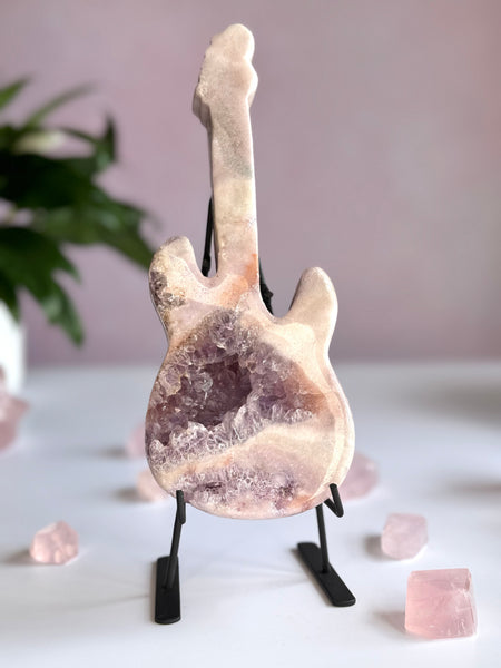 Pink Amethyst Guitar Carving with Stand