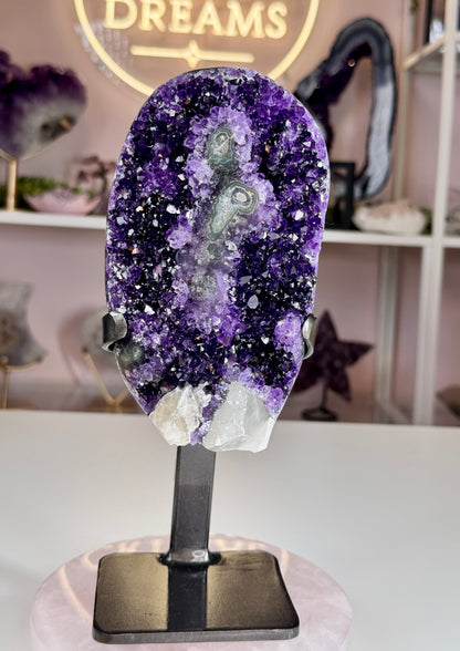 Uruguayan Amethyst with Calcite & Stalactite-Like Formations | Custom Stand