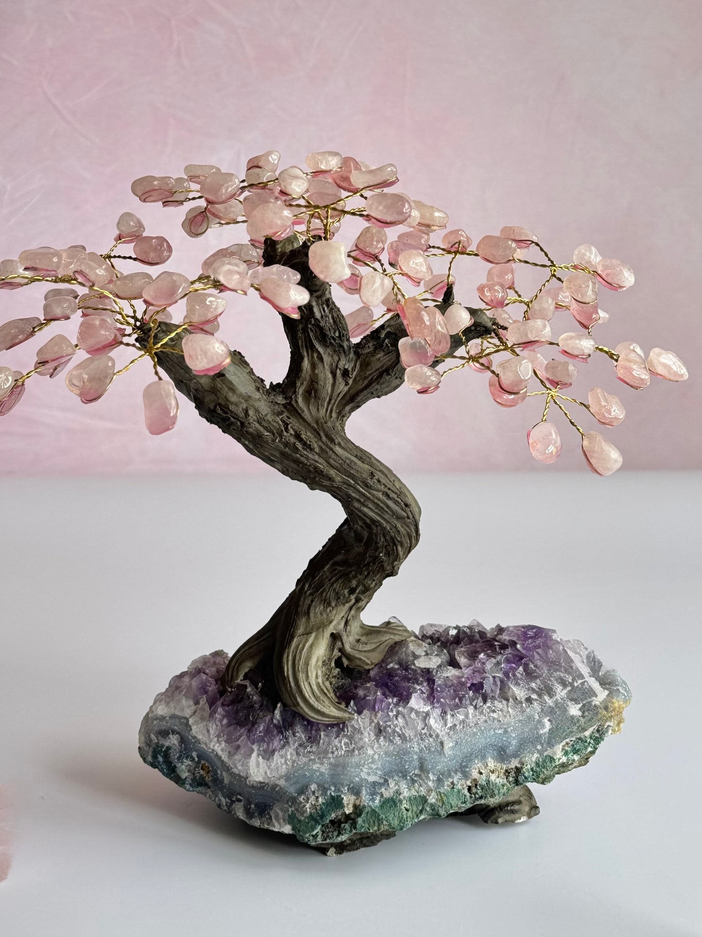 Rose Quartz Bonsai Tree on Amethyst Base