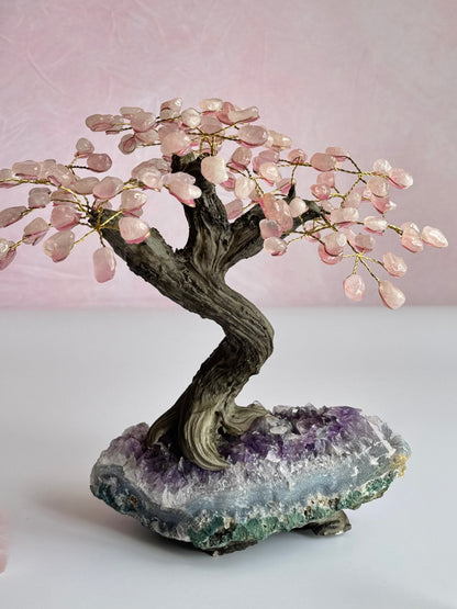 Rose Quartz Bonsai Tree on Amethyst Base