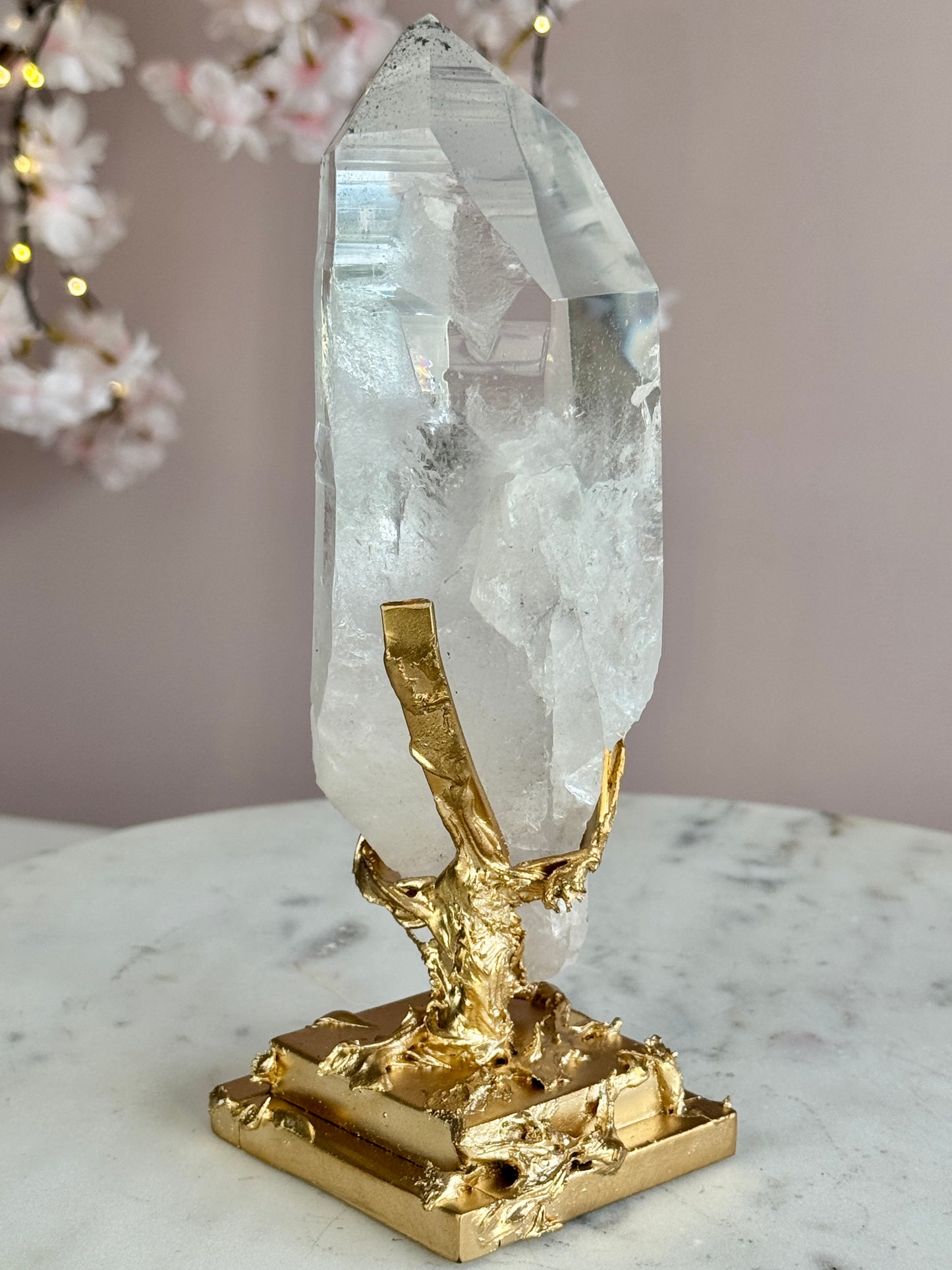 Lemurian Quartz with Black Tourmaline Inclusions  on Custom Gold Stand