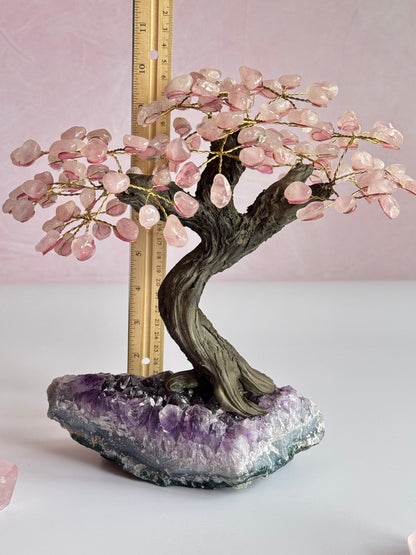 Rose Quartz Bonsai Tree on Amethyst Base