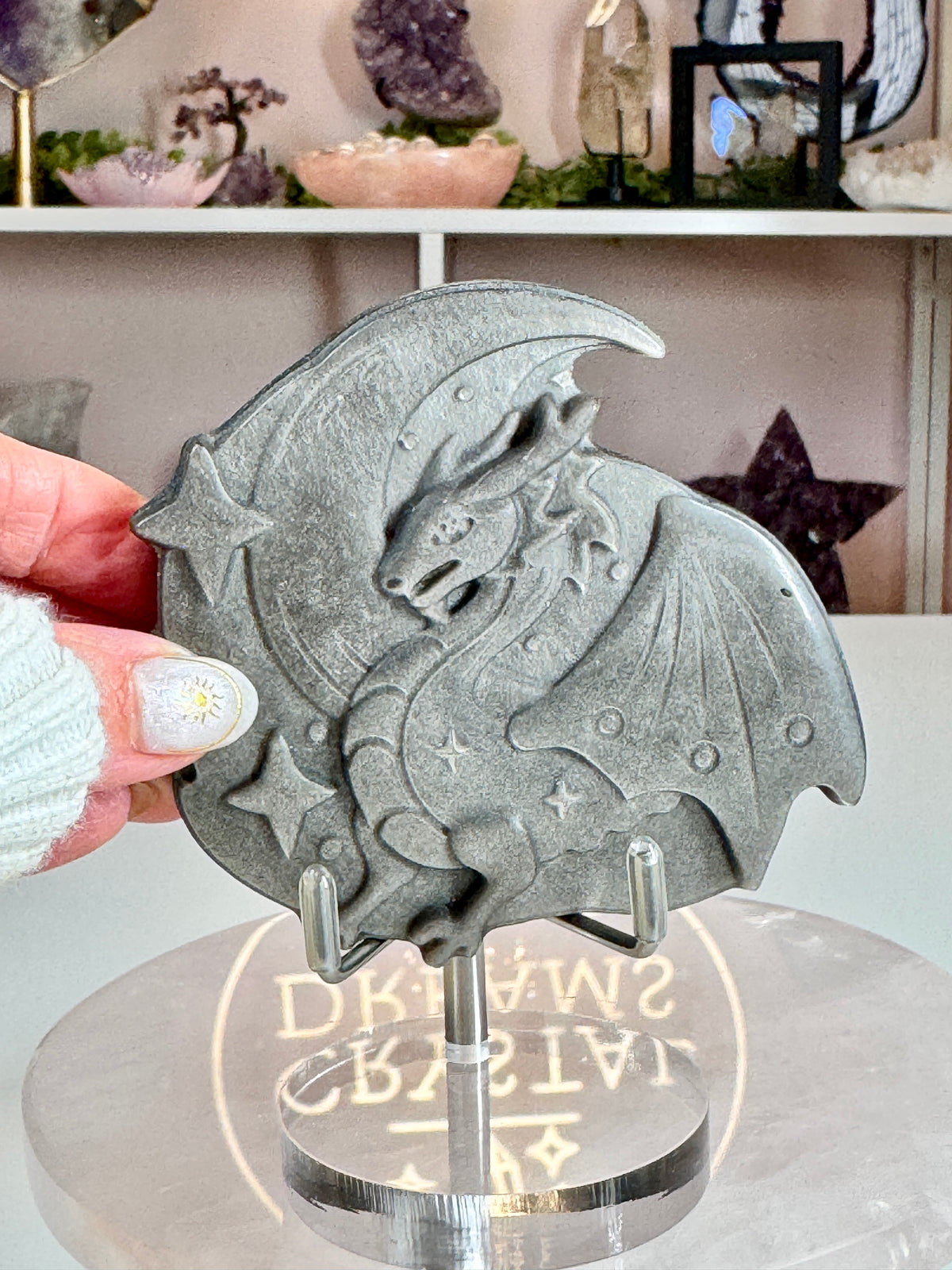 Silver Sheen Obsidian Dragon & Crescent Moon Carving | Celestial Crystal
