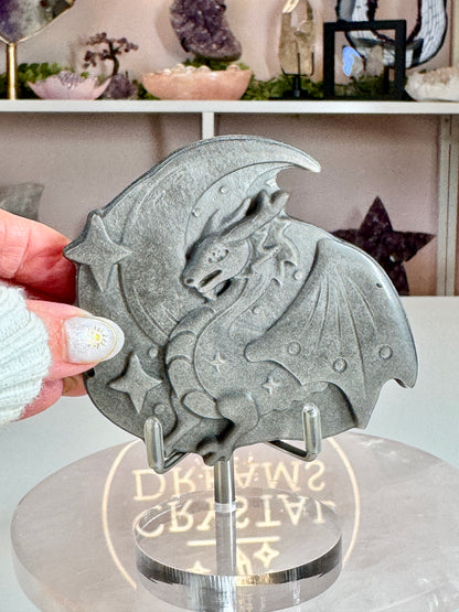 Silver Sheen Obsidian Dragon & Crescent Moon Carving | Celestial Crystal