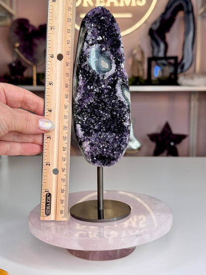 Uruguay Amethyst on Stand | Deep Purple Druzy with Agate Eyes