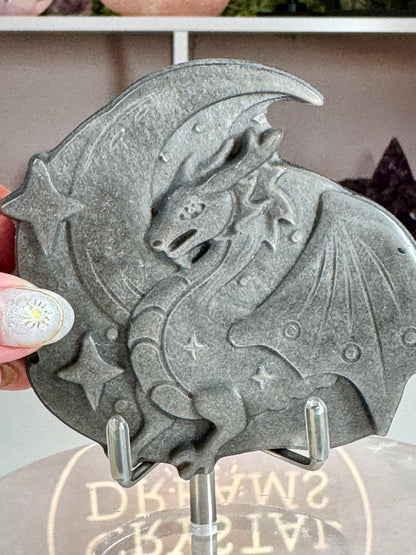 Silver Sheen Obsidian Dragon & Crescent Moon Carving | Celestial Crystal