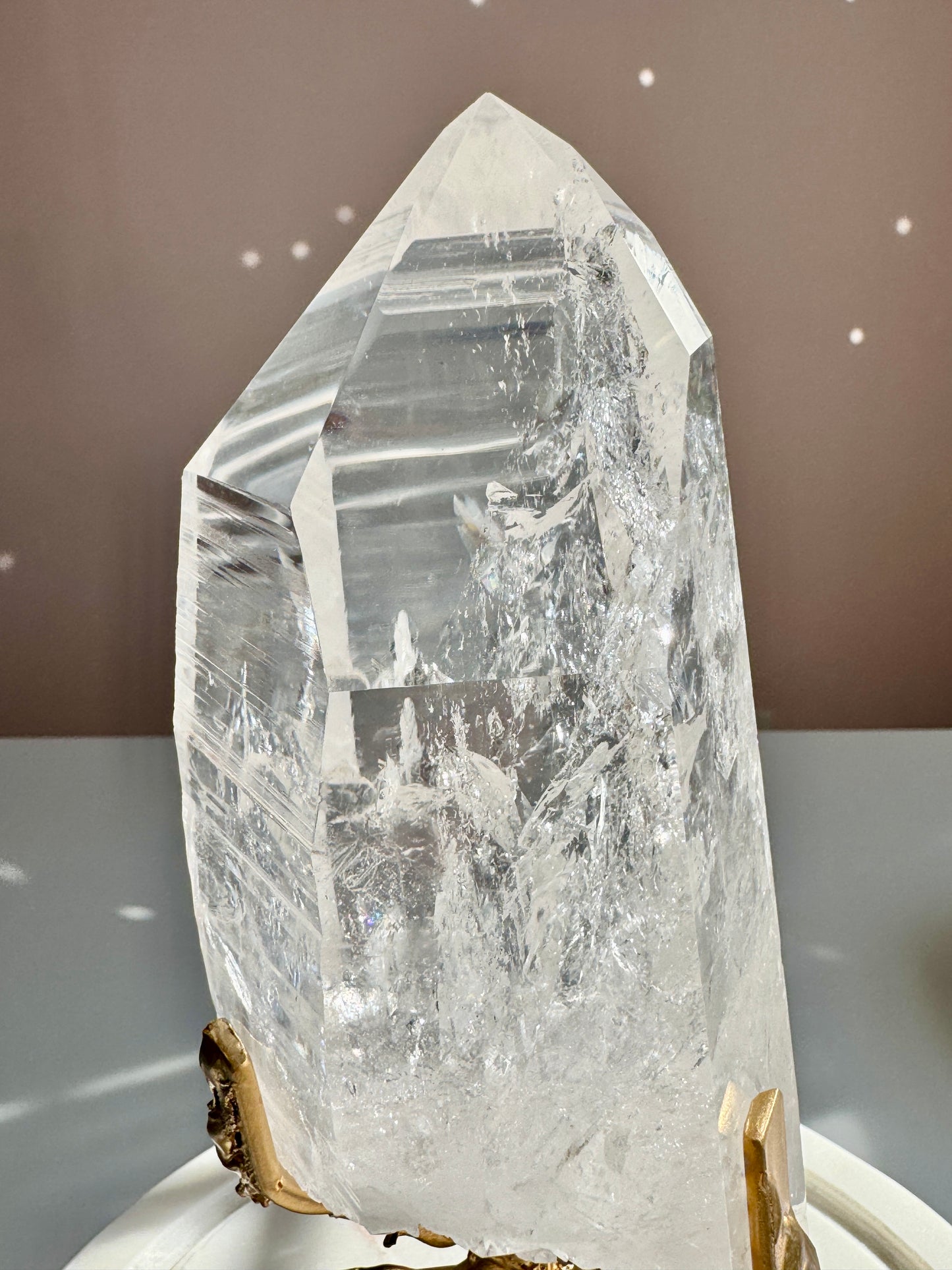 Lemurian Quartz Statement on Sculptural Gold Stand