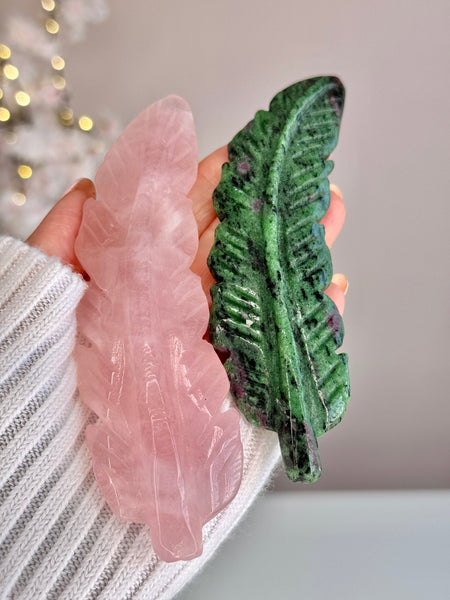 Hand Carved Crystal Feather | Natural Crystal Feather Carving | Rose Quartz, Sodalite, Moss Agate, Golden Healer