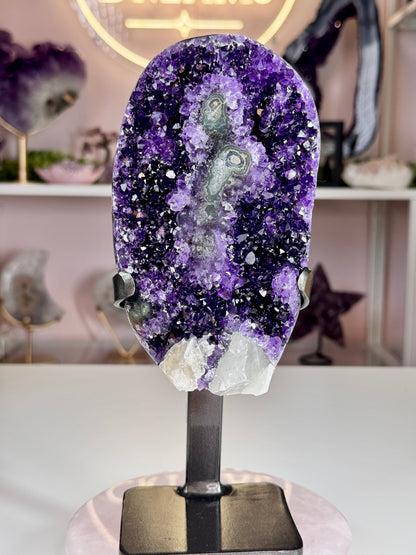 Uruguayan Amethyst with Calcite & Stalactite-Like Formations | Custom Stand