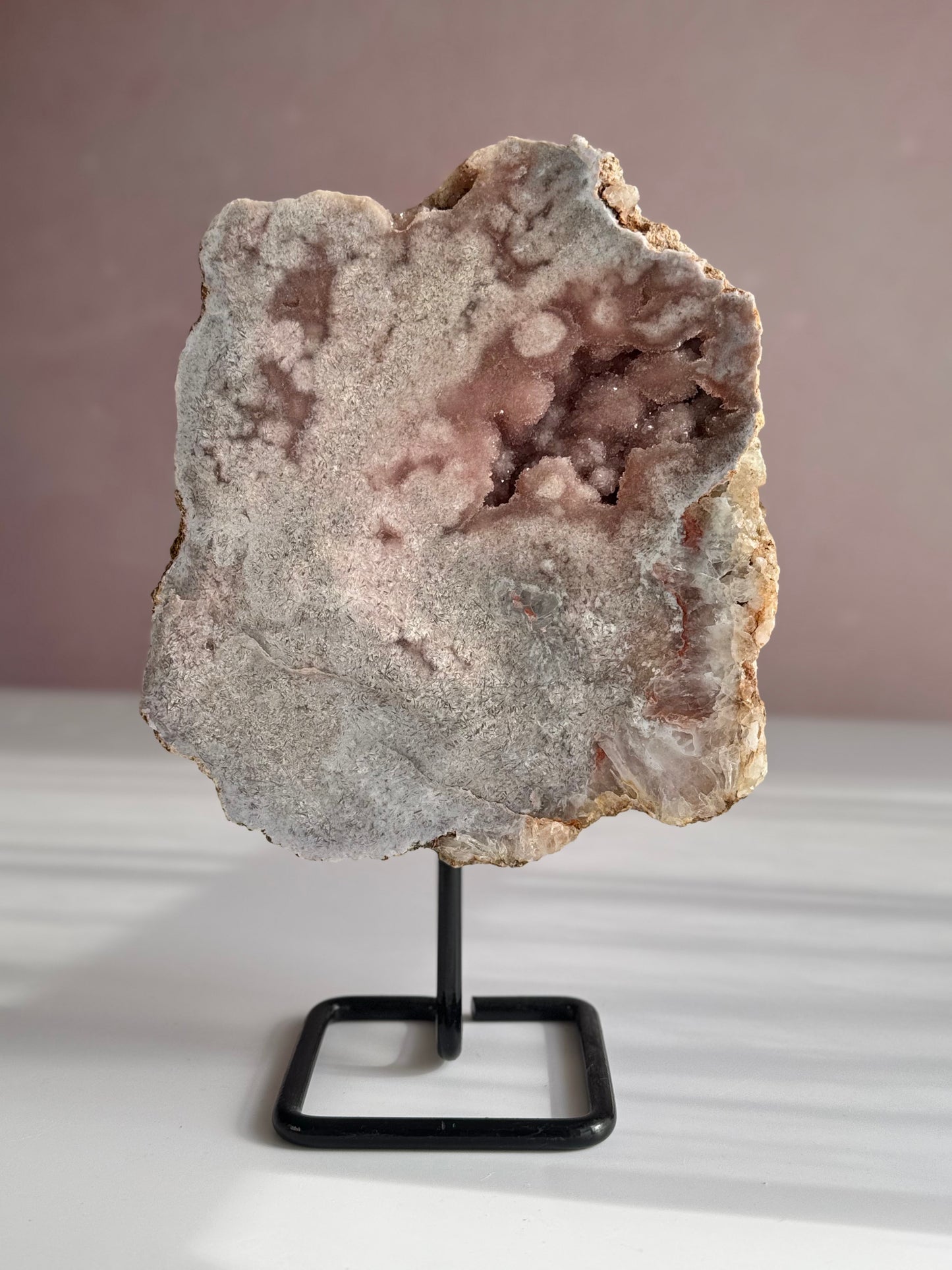 Pink amethyst with druzy on stand statement