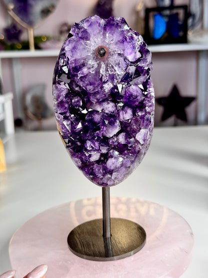 Uruguayan Amethyst Cluster with Stalactite Flower | Deep Purple Amethyst Geode on Stand | Crystal Statement Piece