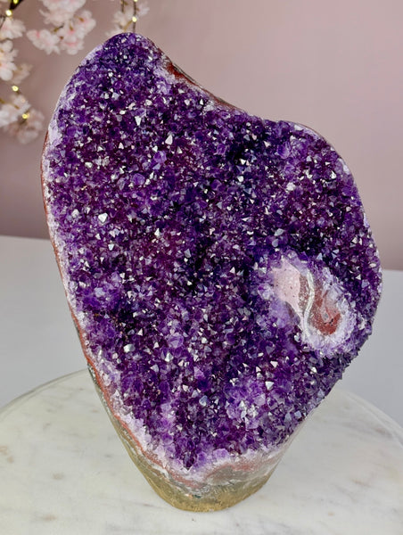 Large Uruguay Amethyst Cut Base – 14.6 lb Deep Purple Statement Crystal with Flower Formations
